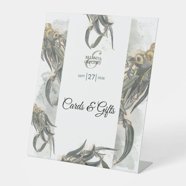 Watercolor Eucalyptus Leaves Wedding Cards Gifts Pedestal Sign (Front)