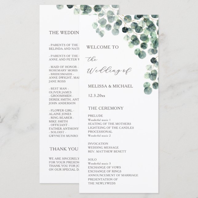 Watercolor Eucalyptus Leaves Wedding Program (Front/Back)