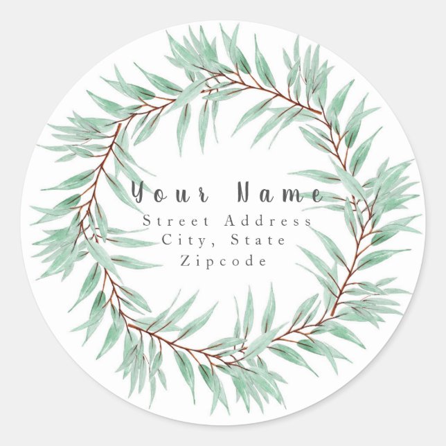 'Watercolor Eucalyptus Leaves Wreath' Label (Front)
