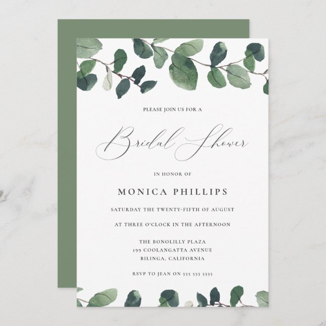 Watercolor Eucalyptus Modern Bridal Shower Invitation (Front/Back)