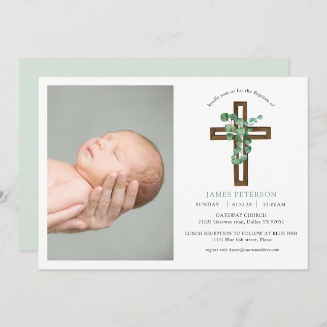 Watercolor Eucalyptus Modern Cross Photo Baptism Invitation (Front/Back)