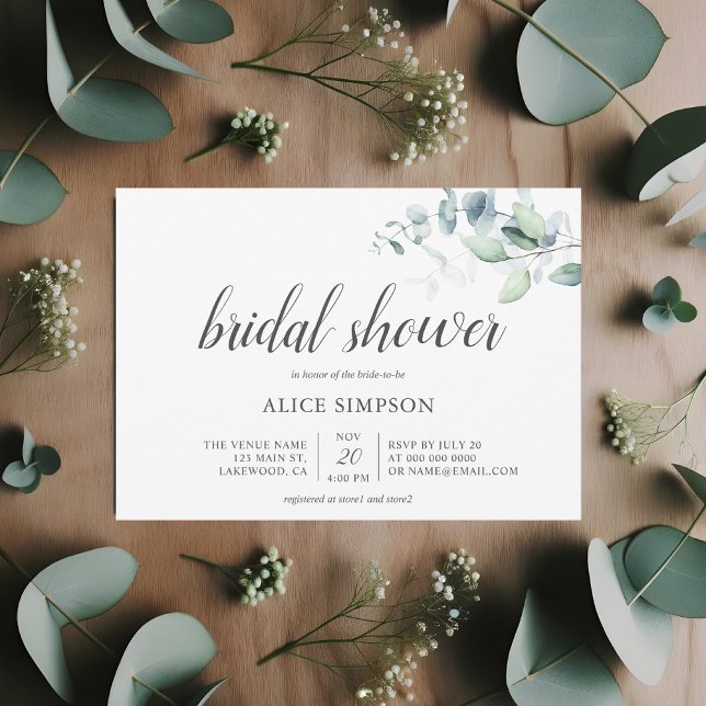 Watercolor Eucalyptus Modern Script Bridal Shower Invitation (Creator Uploaded)