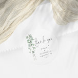 Watercolor Eucalyptus Names Date Thank You Wedding Classic Round Sticker<br><div class="desc">Watercolor Eucalyptus Names Date Thank You Wedding.  Elegant watercolor eucalyptus leaves run down from the top left hand side. Easily personaslie your names and weding date.</div>