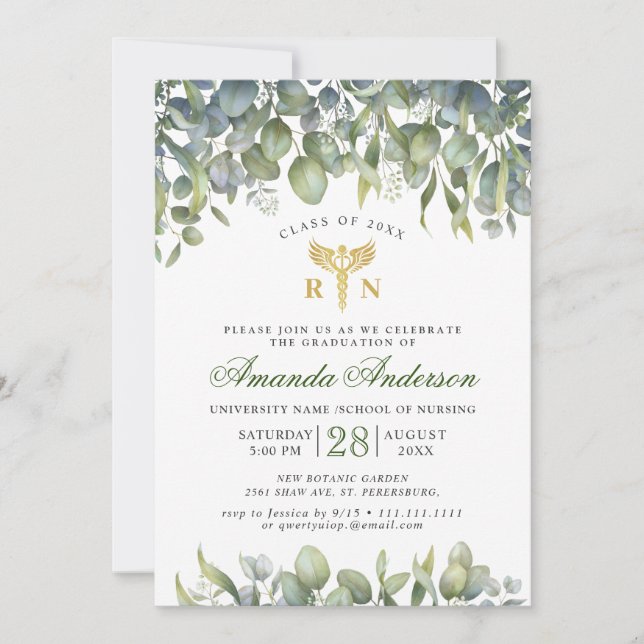 Watercolor Eucalyptus Nursing School Graduation Invitation (Front)