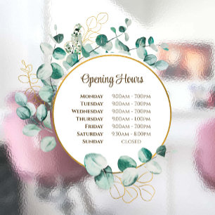 Watercolor Eucalyptus Opening Hours Window Cling