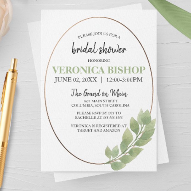Watercolor Eucalyptus Oval Bridal Shower Invitation (Creator Uploaded)