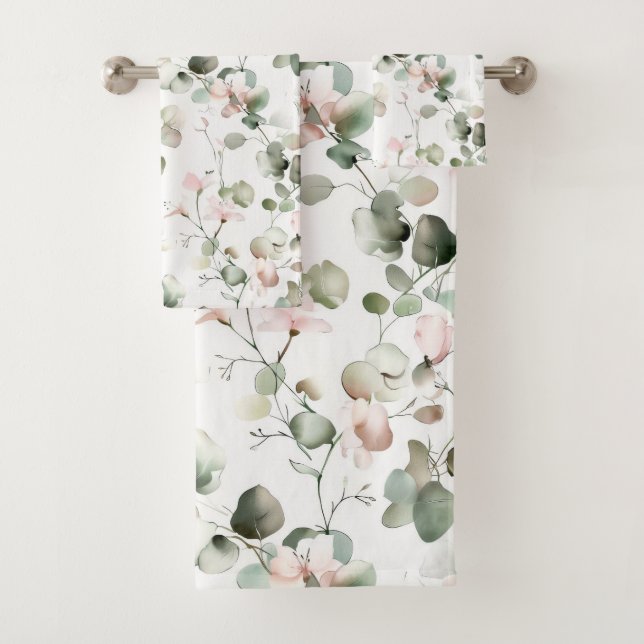 Watercolor Eucalyptus Pattern Bath Towel Set (Insitu)