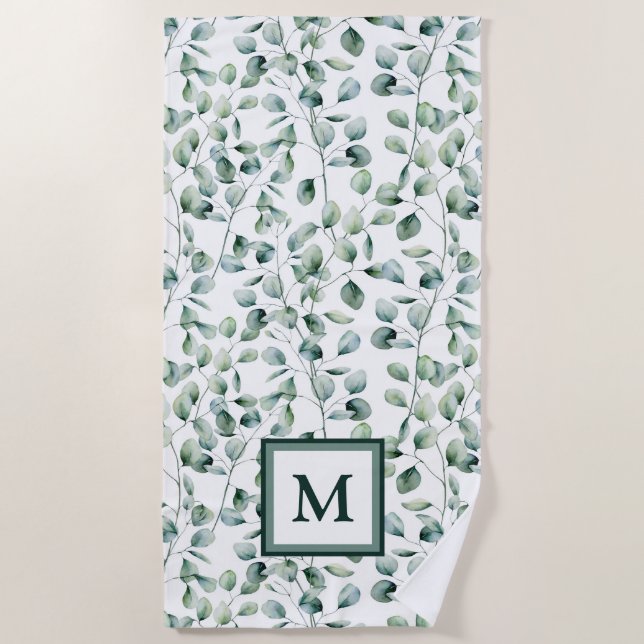 Watercolor Eucalyptus Pattern Beach Towel (Front)