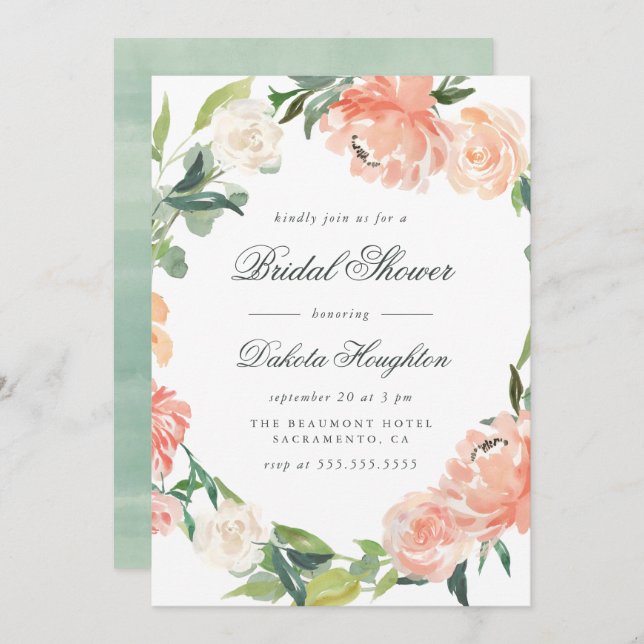 Watercolor Eucalyptus & Peonies Bridal Shower Invitation (Front/Back)