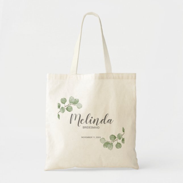 Watercolor Eucalyptus Personalised Bridesmaid Name Tote Bag (Front)