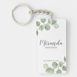 Watercolor Eucalyptus Personalized Bridesmaid Name Key Ring