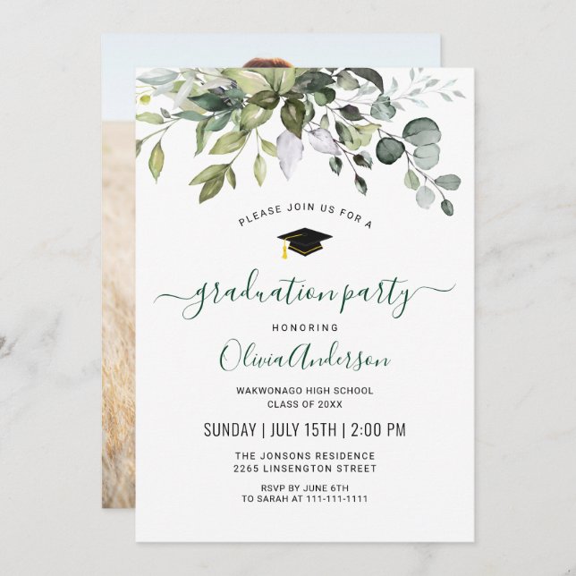 Watercolor Eucalyptus PHOTO Graduation Party Invitation (Front/Back)