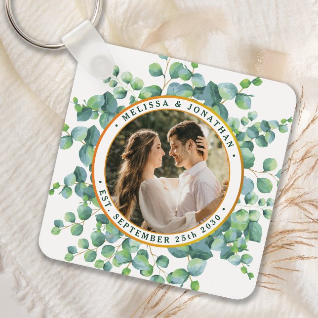 Watercolor Eucalyptus Photo Greenery Wedding Key Ring (Creator Uploaded)