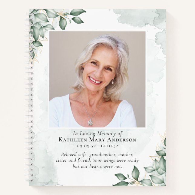 Watercolor Eucalyptus Photo Memorial Guestbook Notebook (Front)