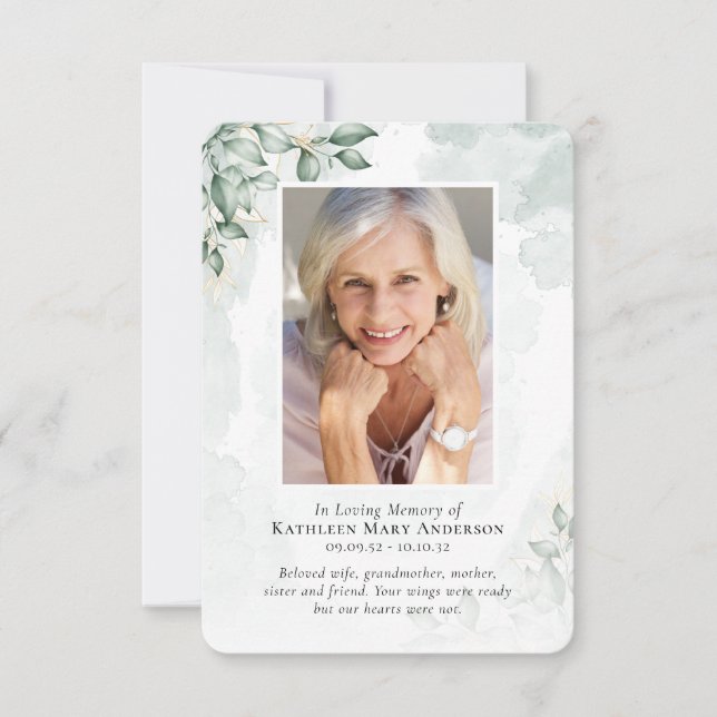 Watercolor Eucalyptus Photo Memorial Prayer Card (Front)