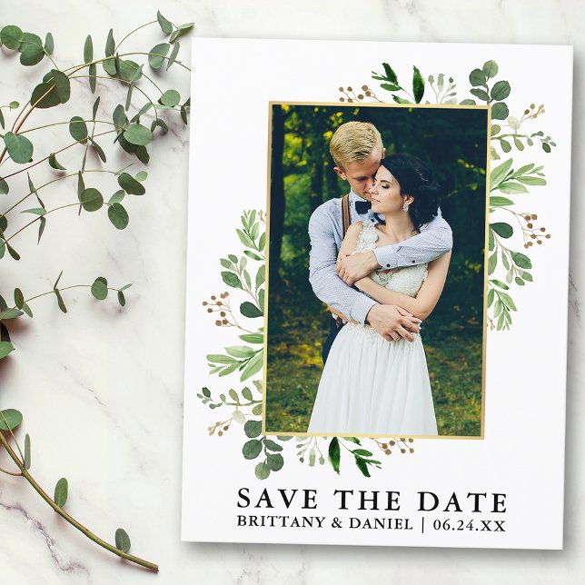 Watercolor Eucalyptus Photo Save The Date Postcard (Customize to change text size or text style.)