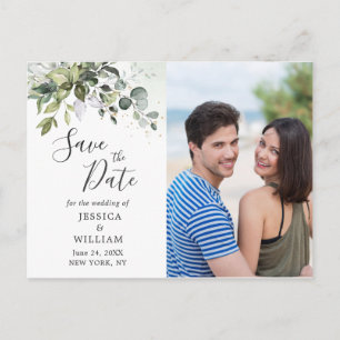Watercolor Eucalyptus PHOTO Wedding Save the Date Announcement Postcard