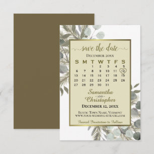 Watercolor Eucalyptus Pine Calendar Gold Wedding Save The Date