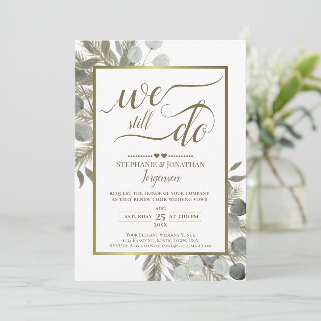 Watercolor Eucalyptus & Pine Gold Vow Renewal Invitation (Standing Front)