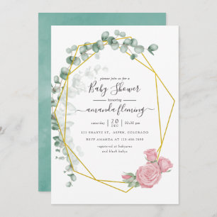Watercolor Eucalyptus Rose Geometric Baby Shower Invitation