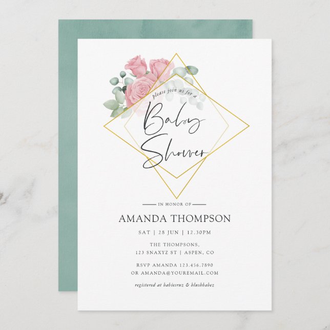 Watercolor Eucalyptus Rose Geometric Baby Shower Invitation (Front/Back)