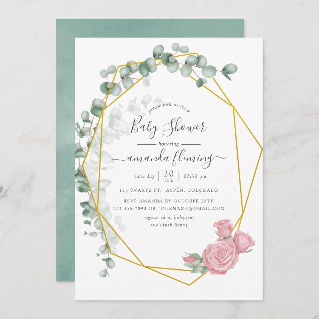 Watercolor Eucalyptus Rose Geometric Baby Shower Invitation (Front/Back)