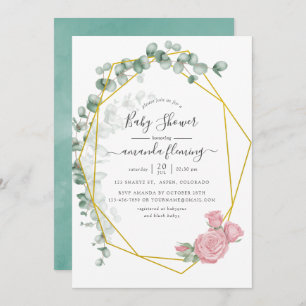 Watercolor Eucalyptus Rose Geometric Baby Shower Invitation