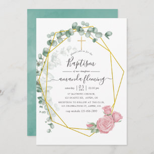 Watercolor Eucalyptus Rose Geometric Baptism Invitation