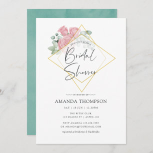 Watercolor Eucalyptus Rose Geometric Bridal Shower Invitation