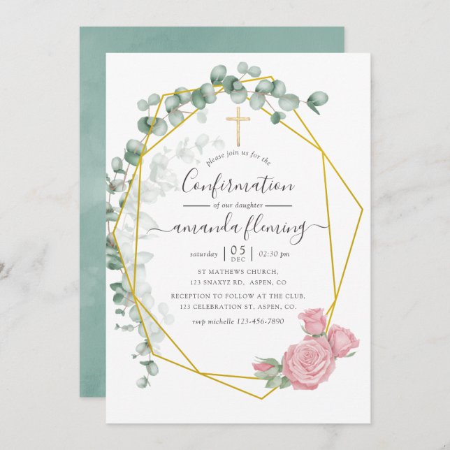 Watercolor Eucalyptus Rose Geometric Confirmation Invitation (Front/Back)