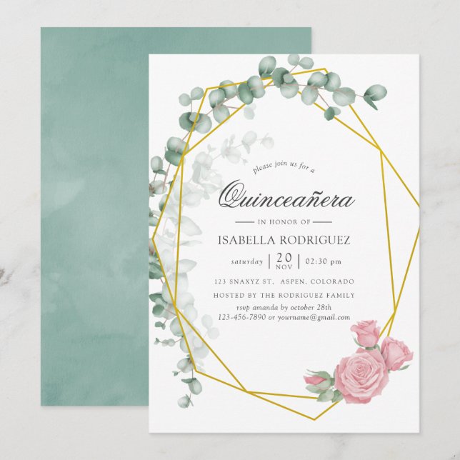 Watercolor Eucalyptus Rose Geometric Quinceañera Invitation (Front/Back)
