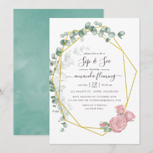 Watercolor Eucalyptus Rose Geometric Sip and See Invitation