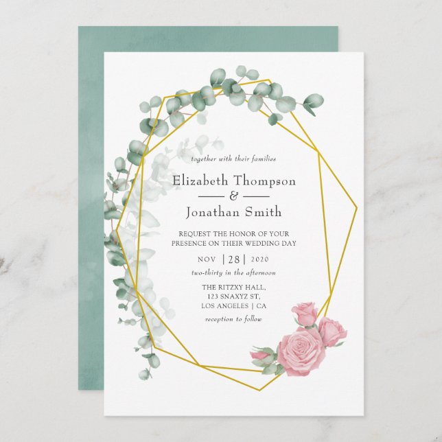 Watercolor Eucalyptus Rose Geometric Wedding Invitation (Front/Back)