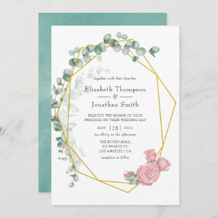 Watercolor Eucalyptus Rose Geometric Wedding Invitation