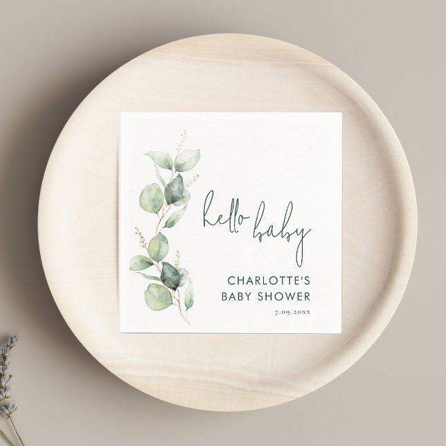 Watercolor Eucalyptus Script Baby Shower Paper Napkin (Watercolor Eucalyptus Modern Script Baby Shower Paper Napkin)