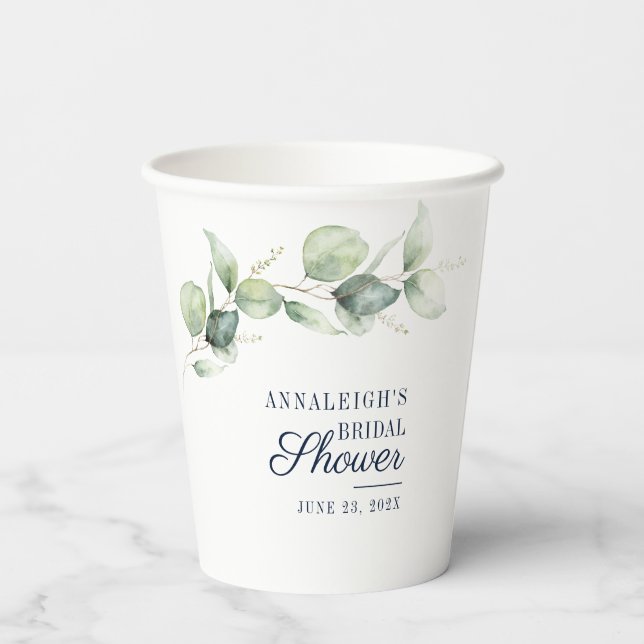 Watercolor Eucalyptus Script Bridal Shower Paper Cups (Back)