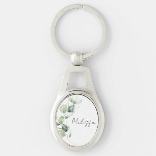 Watercolor Eucalyptus Script Greenery Custom Key Ring