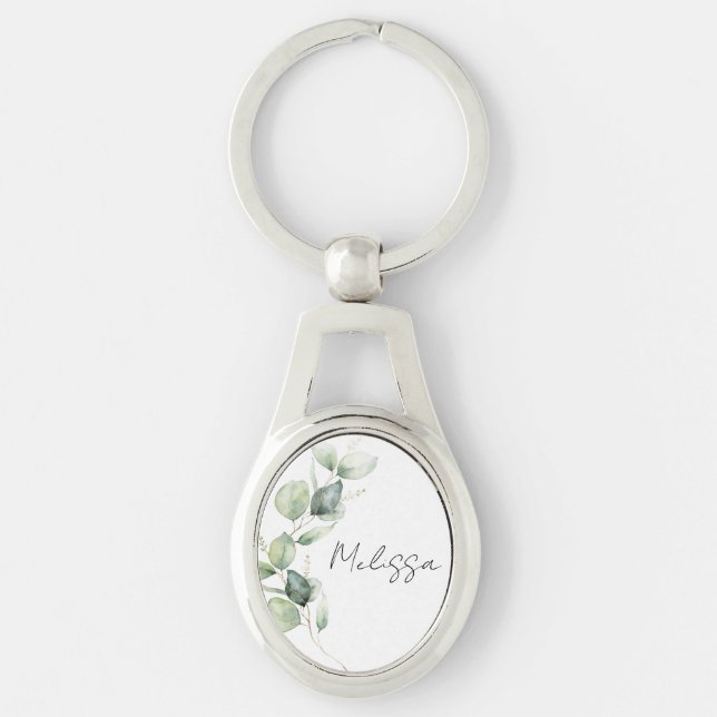 Watercolor Eucalyptus Script Greenery Custom Key Ring (Front)