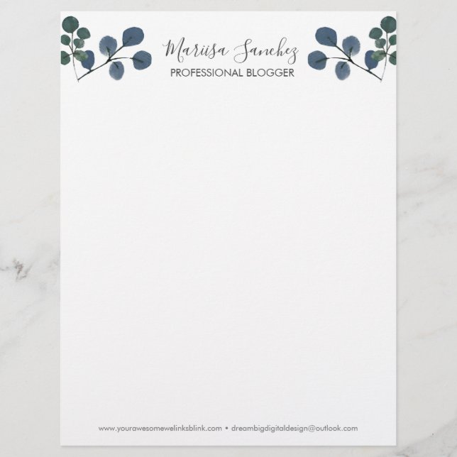 Watercolor Eucalyptus Script Name Modern  Custom Letterhead (Front)