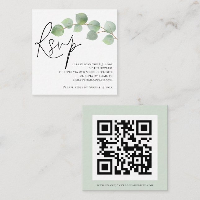 Watercolor Eucalyptus Script QR Code Wedding RSVP  Enclosure Card (Front/Back)