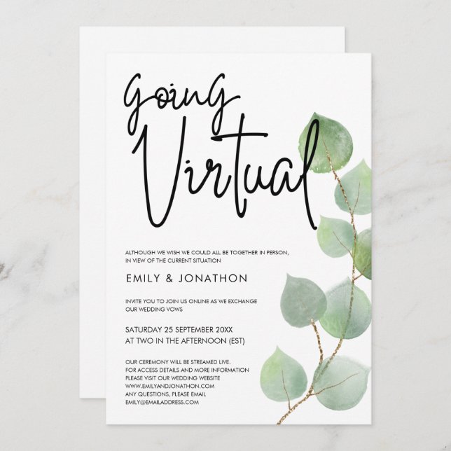 Watercolor Eucalyptus Script Virtual Wedding Invitation (Front/Back)