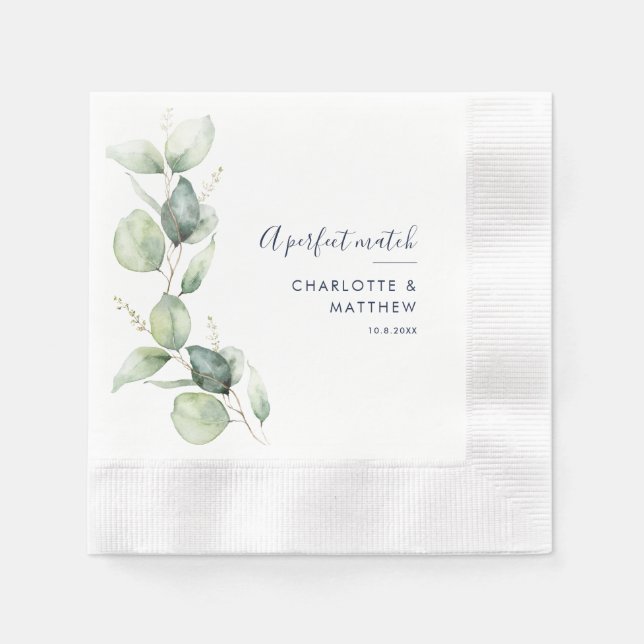 Watercolor Eucalyptus Script Wedding Custom Paper Napkin (Front)