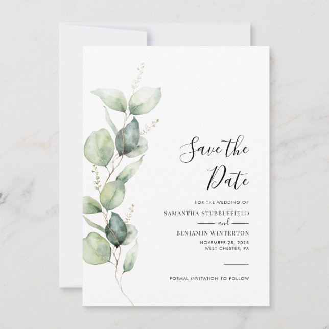 Watercolor Eucalyptus Script Wedding Save The Date (Front)