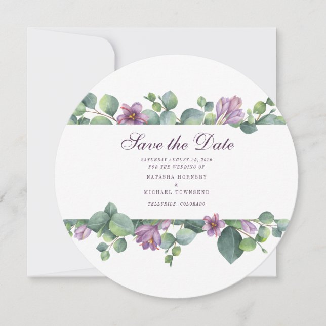 Watercolor Eucalyptus Script Wedding Save the Date (Front)
