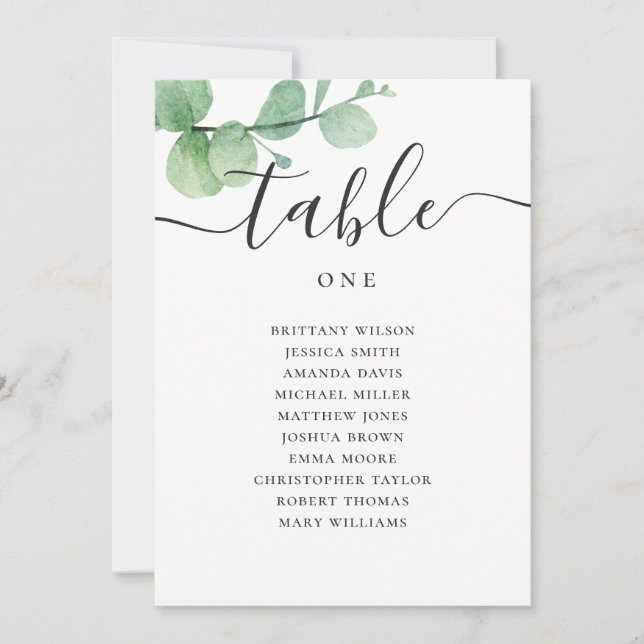 Watercolor eucalyptus script wedding seating chart invitation (Front)