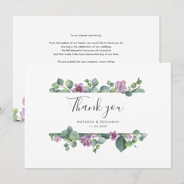 Watercolor Eucalyptus Script Wedding Thank You Card (Front/Back)