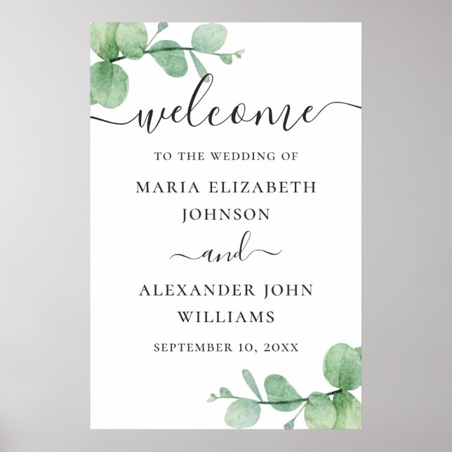 Watercolor eucalyptus script wedding welcome poster (Front)