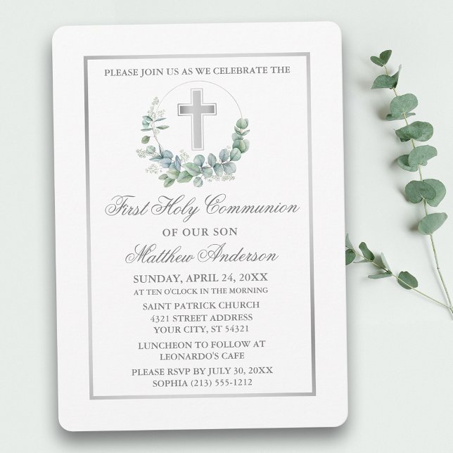 Watercolor Eucalyptus Silver First Communion Invitation (Customize to change text color, size, style or to add photos or more text to back of card.)