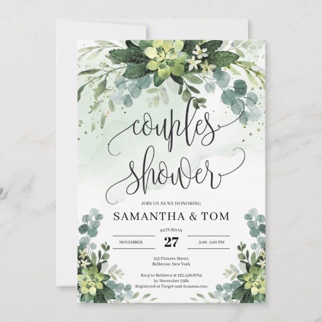 Watercolor eucalyptus succulent couples shower invitation (Front)
