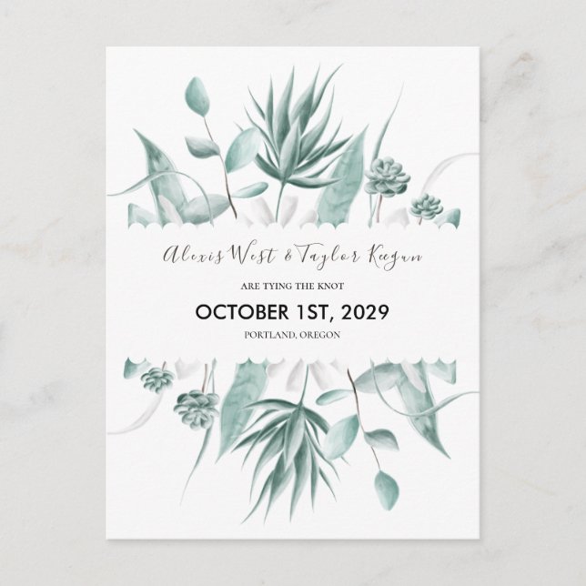 Watercolor Eucalyptus & Succulent Save The Date Postcard (Front)